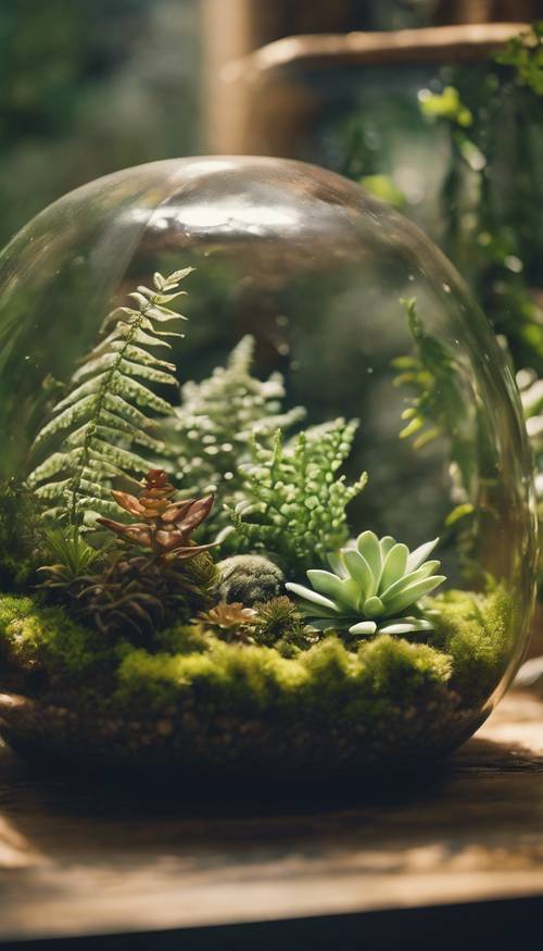 Un terrarium botanique rempli d&#39;une variété de fougères miniatures, de mousse et de plantes succulentes, baignés d&#39;une douce lumière du soleil.