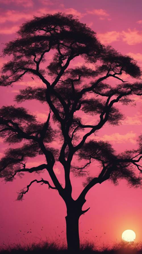 Una espectacular puesta de sol de color rosa oscuro sobre la sabana africana, silueta de un árbol de Acacia.