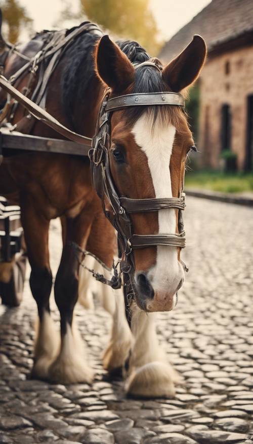 A Clydesdale horse, large and strong, pulling a vintage wooden cart along a cobblestone road.