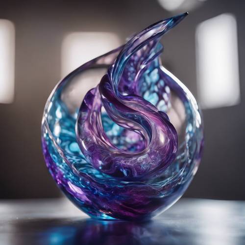 在柔和的工作室灯光下，蓝色和紫色的玻璃吹制雕塑具有复杂的漩涡图案。