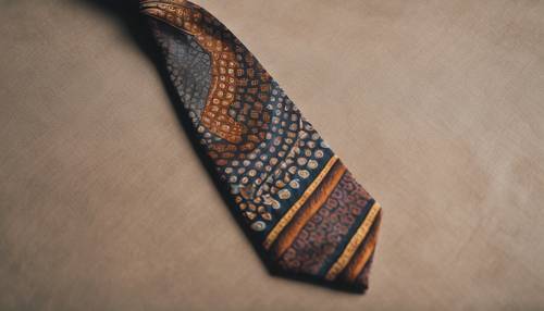 Striking 70s inspired pattern adorning a tie amidst a neutral background.