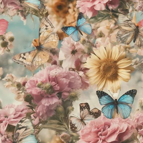 A vintage collage incorporating pastel butterflies amidst summer flowers. Tapet [7e7e9f7b0bef42e0bd1a]