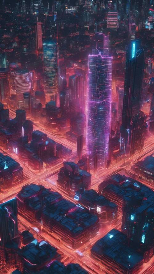 A futuristic city with neon-gridded skyscrapers being hacked
