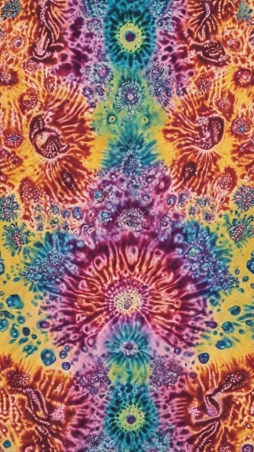 Apsychedelic tie-dye pattern akin to a 60s hippie aesthetic.