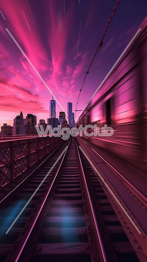 Trem em alta velocidade indo em direção a uma cidade vibrante ao pôr do sol