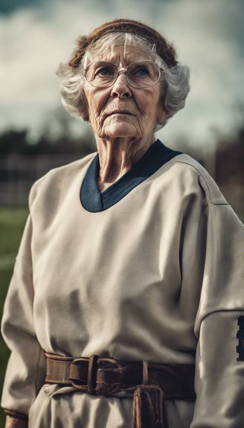 Szczegółowy portret starszej kobiety ubranej w stary strój lacrosse, wyglądającej nostalgicznie.