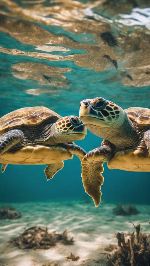 Una coppia di tartarughe marine adolescenti nuota tranquillamente nelle calde acque tropicali.