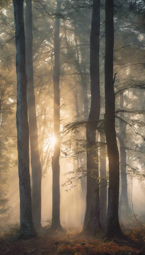 Ein nebliger Wald im Morgengrauen, die aufgehende Sonne wirft ein sanftes Licht durch die dichten Baumstämme.