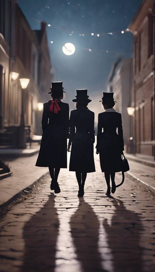 Gatos negros vestidos con ropa preppy de alta costura caminando bajo la luz de la luna.