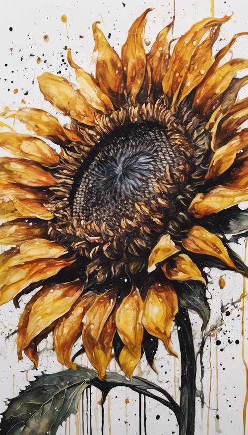 Lukisan tinta bunga matahari hitam cerah tergantung di dinding putih.
