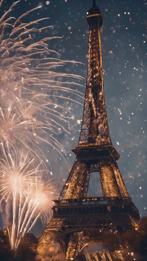A grand firework display over the Eiffel tower on a clear new year's eve night.