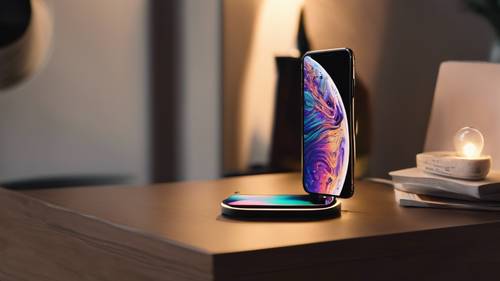 An iPhone XS sitting on a wireless charging pad, an LED lamp illuminating its elegant design. Behang [66d256dab11a4ef29a0e]