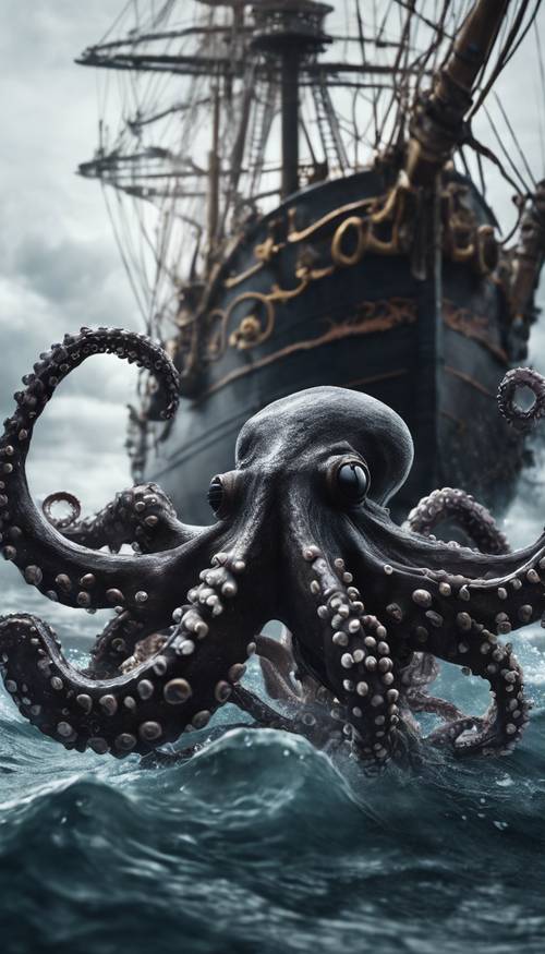 Detailed illustration of a ferocious black octopus tangling a ship with its arms.