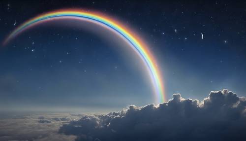 A rare moonbow elegantly arcing in a star-filled midnight blue sky.