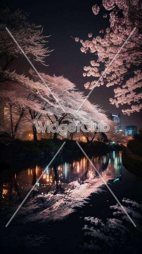 Lampki nocne kwitnącej wiśni nad rzeką