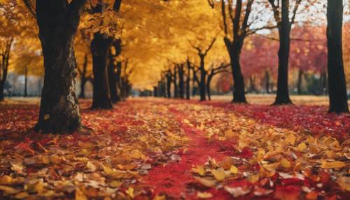 Uma vista panorâmica da folhagem de outono, com um espectro de vermelhos, laranjas e amarelos.