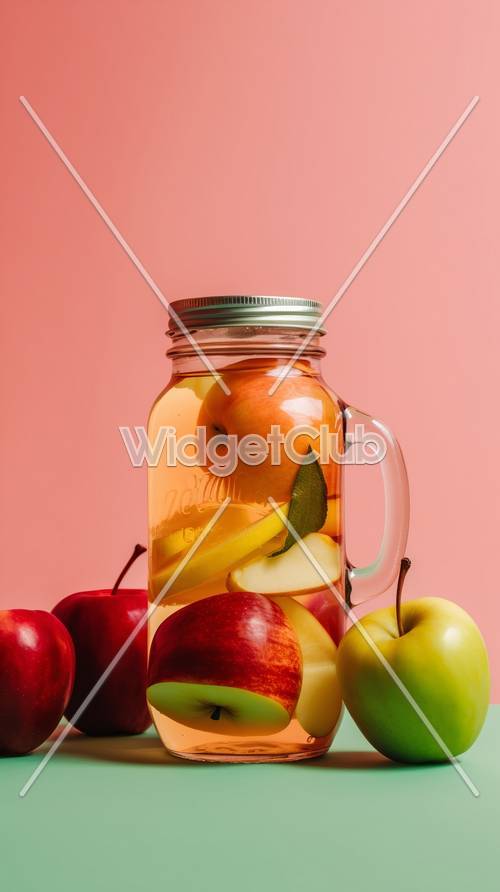 Colorful Apples in a Jar on Pink Background