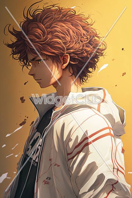 Аниме-мальчик с распущенными ветром волосами в солнечном свете