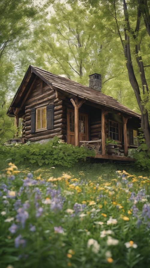 Una cabaña de madera rústica ubicada en el bosque, rodeada de flores silvestres y follaje primaveral fresco.
