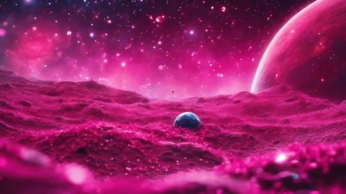 An imaginative hot pink space scene, teeming with swirling galaxies, bright stars and an alien planet.