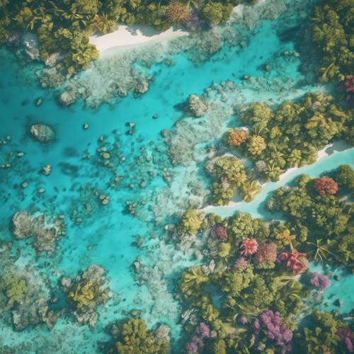 Un mapa colorido de un archipiélago tropical rodeado de agua azul turquesa.