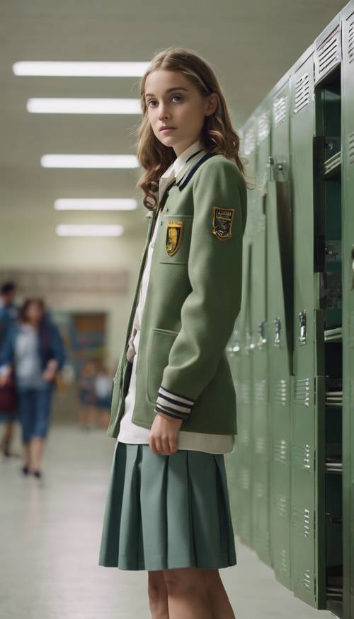 W pobliżu szkolnych szafek stoi szykowna licealistka ubrana w szałwiowozielony mundurek.