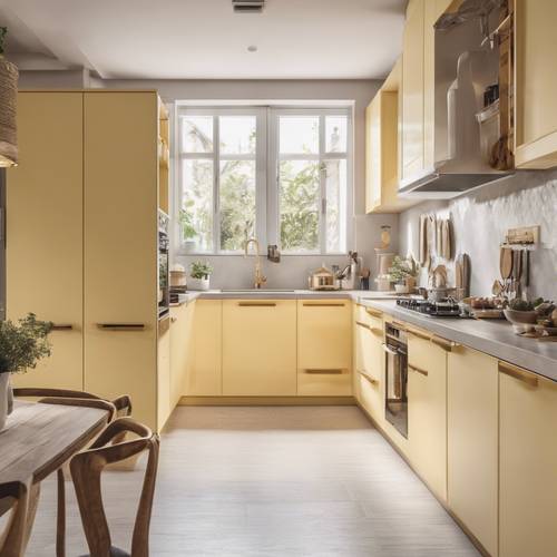 Una cucina moderna e ordinata con mobili giallo pastello.
