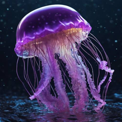 一只闪闪发光的紫色水母优雅地漂浮在漆黑的水中。