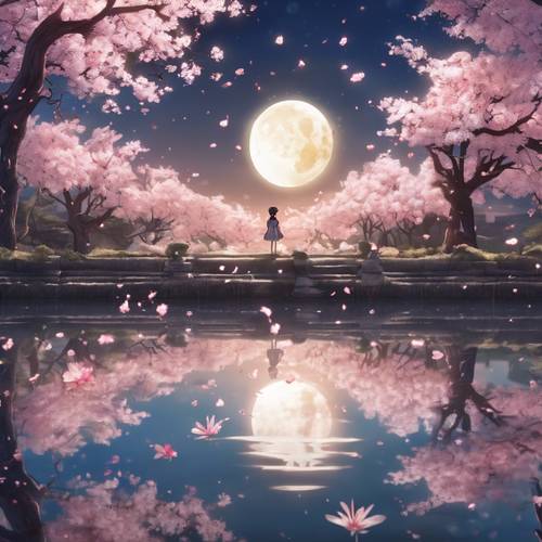 Karakter anime yang berlinang air mata melepaskan bunga sakura ke dalam kolam yang memantulkan bulan.