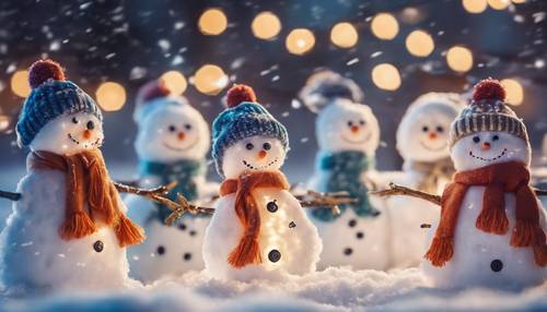 Un groupe de petits bonhommes de neige souriants avec des lumières du Nouvel An dans un paysage enneigé.