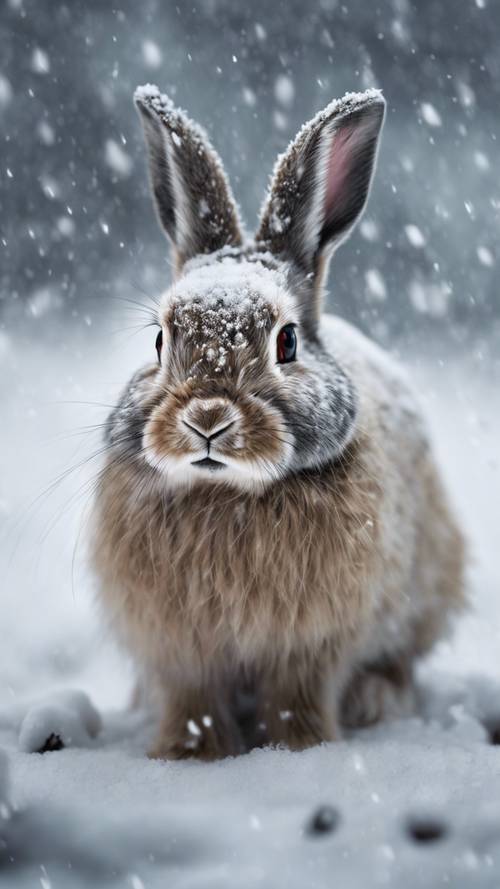 أرنب من القطب الشمالي يواجه عاصفة ثلجية، ويمتزج فراءه مع الثلج.