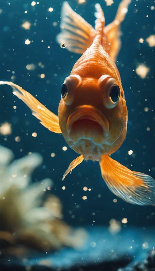 A charming little goldfish with a celestial Pisces constellation sign shimmering on its body swimming gracefully in a clear, blue aquarium.