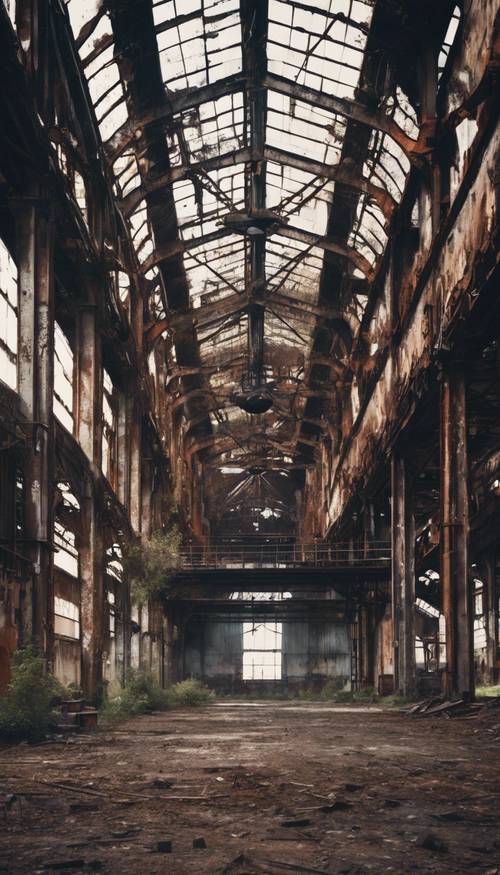 A rusty, abandoned industrial factory with gothic architecture.