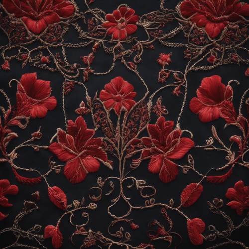 Изысканная красная готическая вышивка на куске черного шелка.
