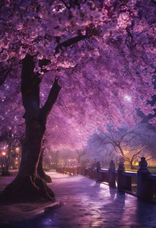 Une scène enchanteresse d’un parc illuminé par des fleurs de cerisier violets au clair de lune.
