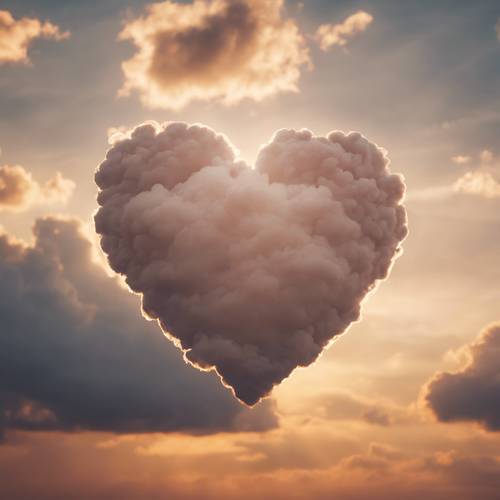Una formazione di nuvole beige a forma di cuore nel cielo al tramonto.
