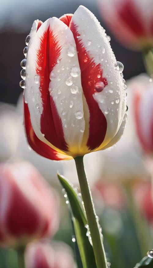 Cận cảnh bông hoa tulip màu đỏ và trắng rực rỡ, với những giọt sương phản chiếu ánh nắng ban mai.