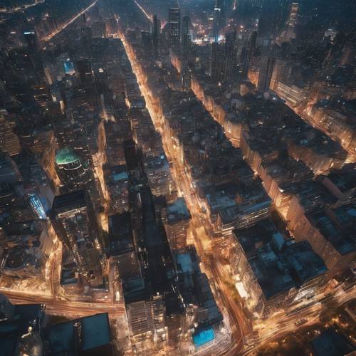 A bustling city landscape seen from above at dusk with myriad lights glittering.