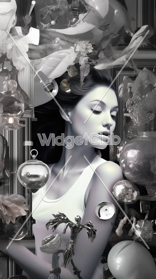 Mystical Lady in Monochrome with Floral and Glass Decorations