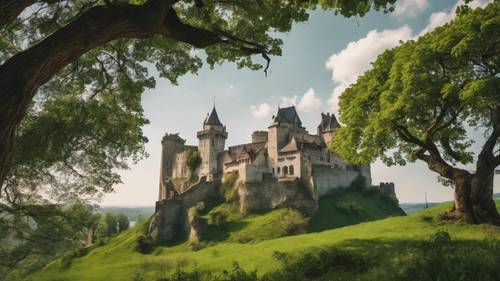 Une vue majestueuse d&#39;un vieux château perché au sommet d&#39;une colline verdoyante.