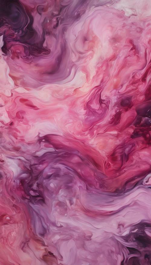 Une peinture abstraite de teintes mélangées de roses et de violets tourbillonnant ensemble.