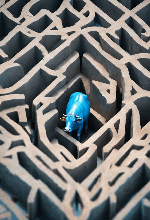 Vogelperspektive einer leuchtend blauen Kuh, die in einem komplexen Labyrinth gefangen ist.