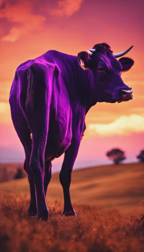 Die Silhouette einer lila Kuh steht auf einem Hügel vor einem leuchtend orangefarbenen Abendhimmel.
