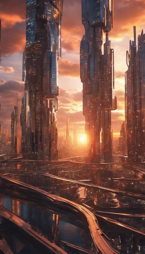 A futuristic metallic cityscape under the glowing sunset ផ្ទាំង​រូបភាព [936aed5d29bb429bbe04]
