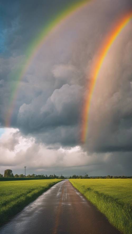 A vibrant rainbow appearing against a cloudy sky after a refreshing drizzly rain.