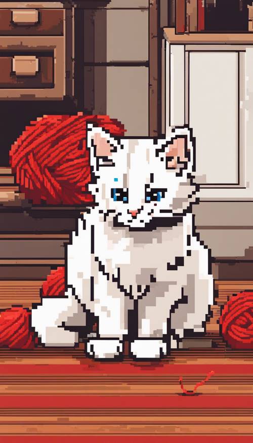 Pixel art detalhada mostrando um gatinho branco e fofo brincando com um novelo de lã vermelha em um tapete aconchegante.