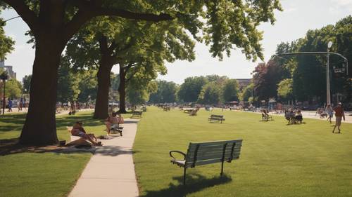 The bustling Bronson Park in Kalamazoo city during a hot summer day.