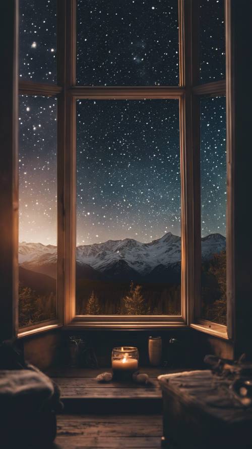Gizli bir dağ kulübesinin penceresinden görülen, yoğun bir şekilde yıldızlarla dolu bir gece gökyüzü.