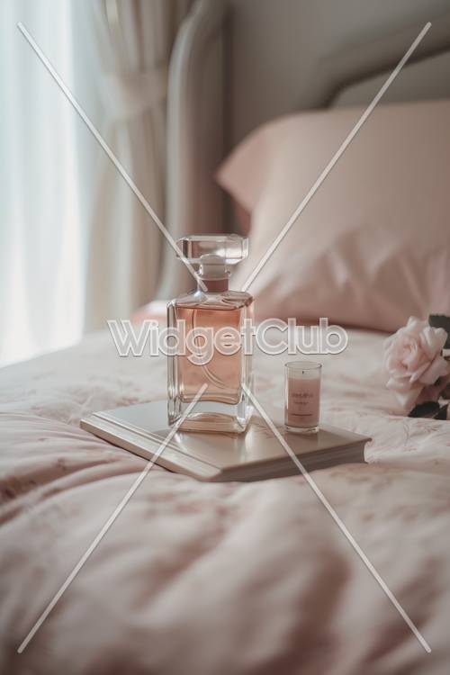 Elegante bottiglia di profumo su un arredamento chic per la camera da letto