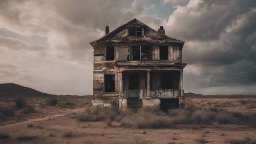 Une maison délabrée dans un paysage aride sous un ciel qui s&#39;assombrit, avec la phrase « La dépression, c&#39;est toujours se sentir vide à l&#39;intérieur ».